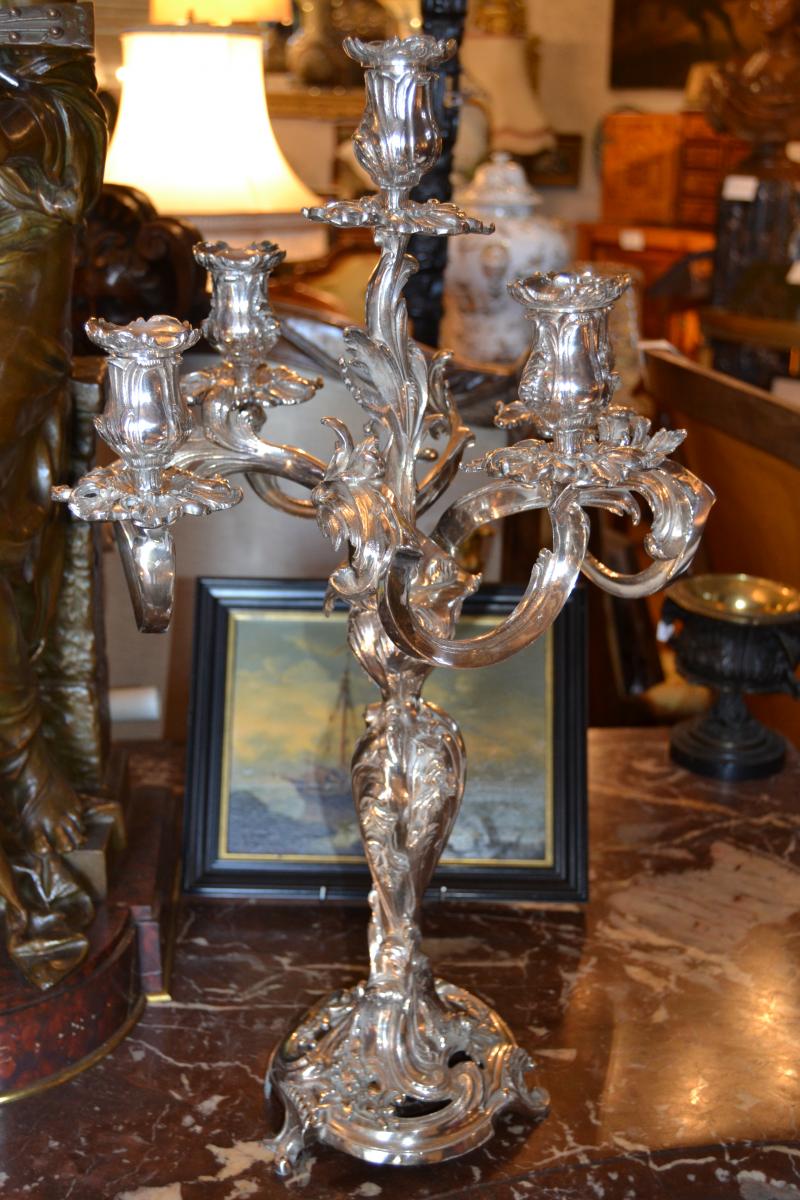 Pair Of Candelabra Bronze Silver, Louis XV Style, Nineteenth-photo-3