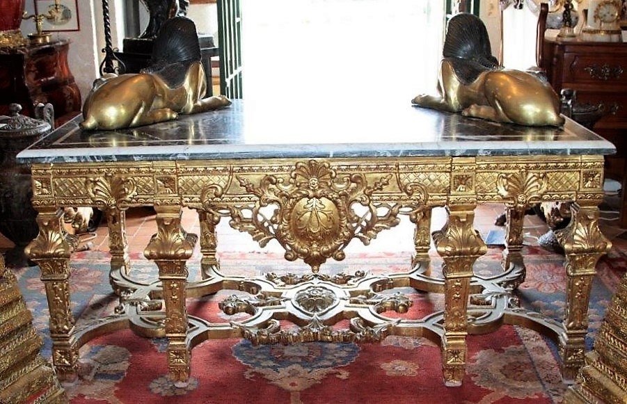 Important Louis XIV Style Middle Table In Golden Wood, 20th Century