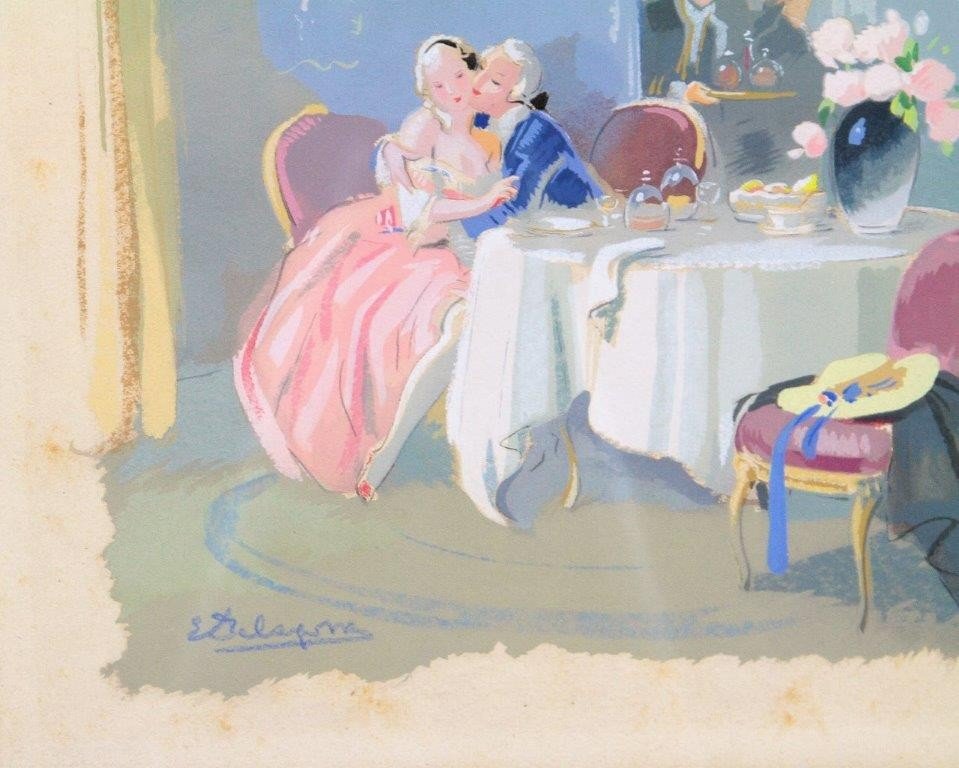 Tableau, gouache " Le repas des amoureux", XXe-photo-3