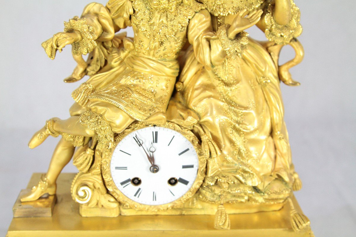 Pendule bronze doré " Louis XIV et une courtisane", XIXe-photo-8