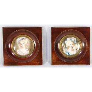 Pair Of Miniatures "marie-antoinette And The Princess Of Lamballe" After Vigée-le Brun, Nineteenth