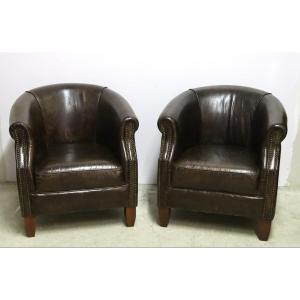 Pair Of Leather Club Armchairs, 20th Century