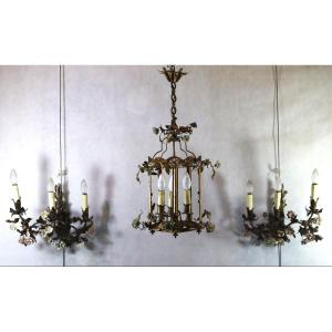 Set, Lantern And A Pair Of Metal Sconces And Porcelain Flowers, 20th Century