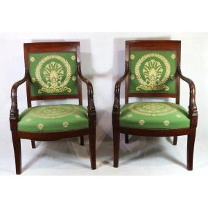 Pair Of "dolphins" Mahogany Armchairs, Empire Period, 19th Century