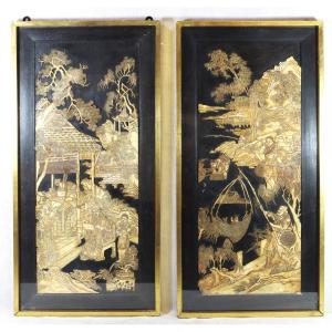 Art d'Asie XIXe, Paire De Dioramas En Os.