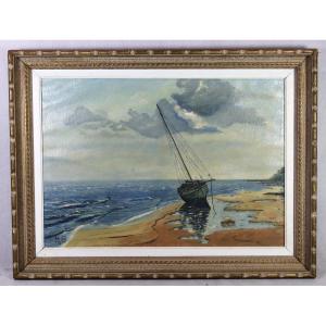 Hst Painting "failed Sailboat", Monogrammed And Dated 54, 20th