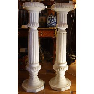 Pair Of White Alabaster Columns, 20th Century