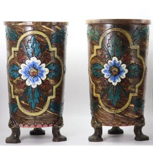 Jean Pointu (1843-1925), Fontainebleau "pair Of Roller Vases" Early 20th Century