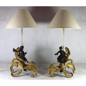 Paire De Chenets En Bronze 2 Patines Montées En Lampe, Epoque XVIIIe