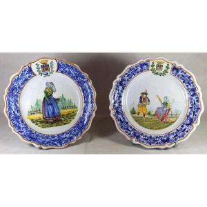 Pair Of Enamelled Earthenware Dishes "coat Of Arms Of La Rochelle", Signed, 20th Century 