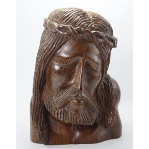 Ebony Head Of Christ Sculpture, 20th Century