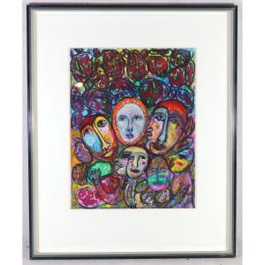 Spanier (20th Century), Gouache "faces", Signed And Dated, 20th Century