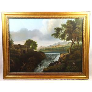 Important Pastel Painting Landscape Waterfall, Italy 19th Century