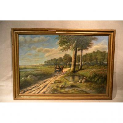 Hst Landscape "the Carriage" Signed A.bertheau 1899