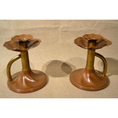 Was Benson (attributed), Pair Of Copper And Brass Candlesticks, 1900