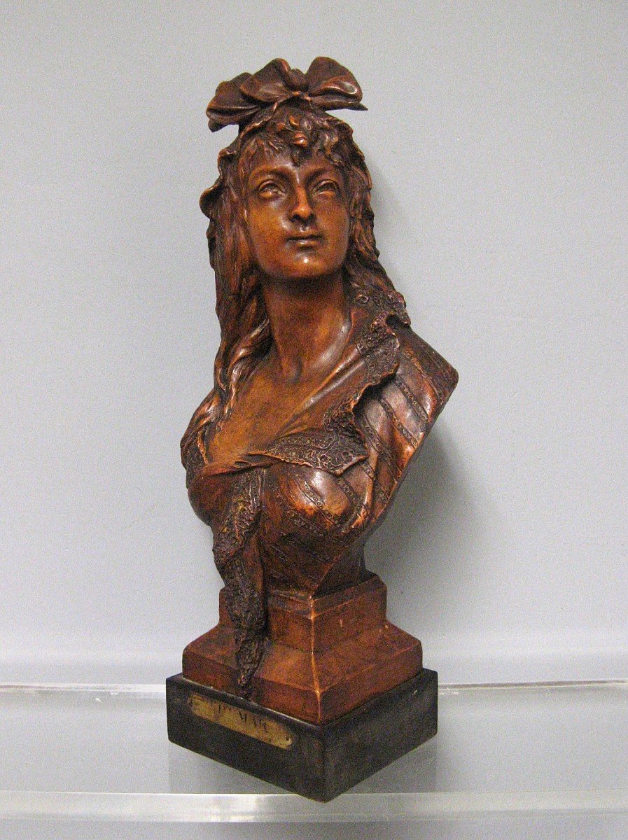 Art Nouveau Bust Of Young Woman In Terracotta Around 1900.-photo-2