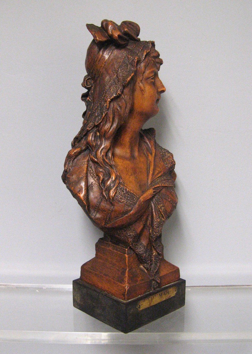 Art Nouveau Bust Of Young Woman In Terracotta Around 1900.-photo-3