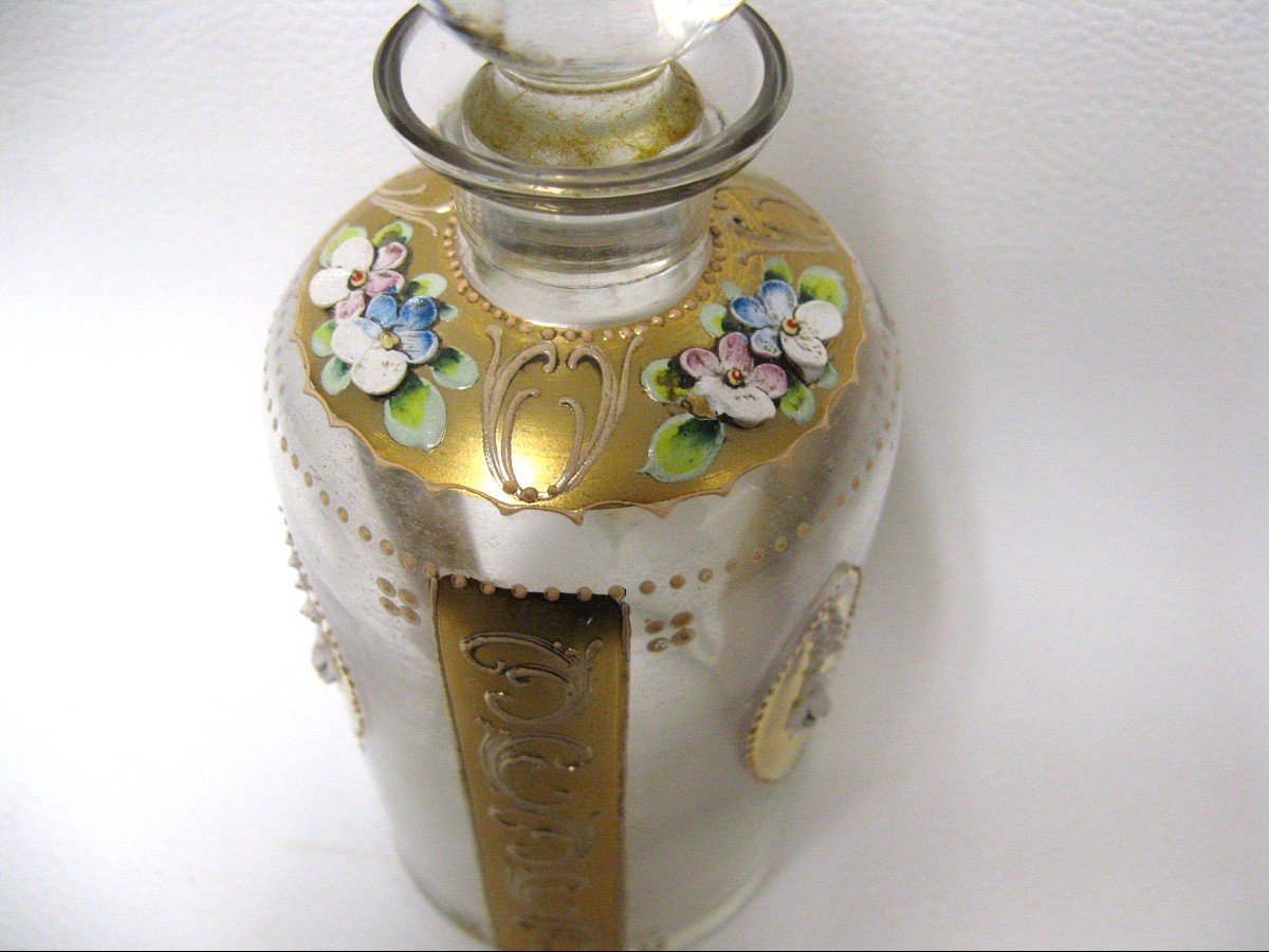 Muze Perfume Bottle, Golden And Enameled With Flowers.-photo-3