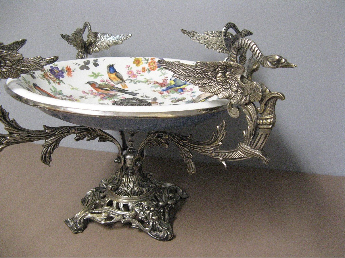 Centre De Table Aux Oiseaux Garniture En Bronze Argenté.-photo-2