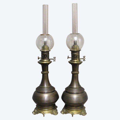 Pair Of Nineteenth Oil Lamps. Napoleon III.