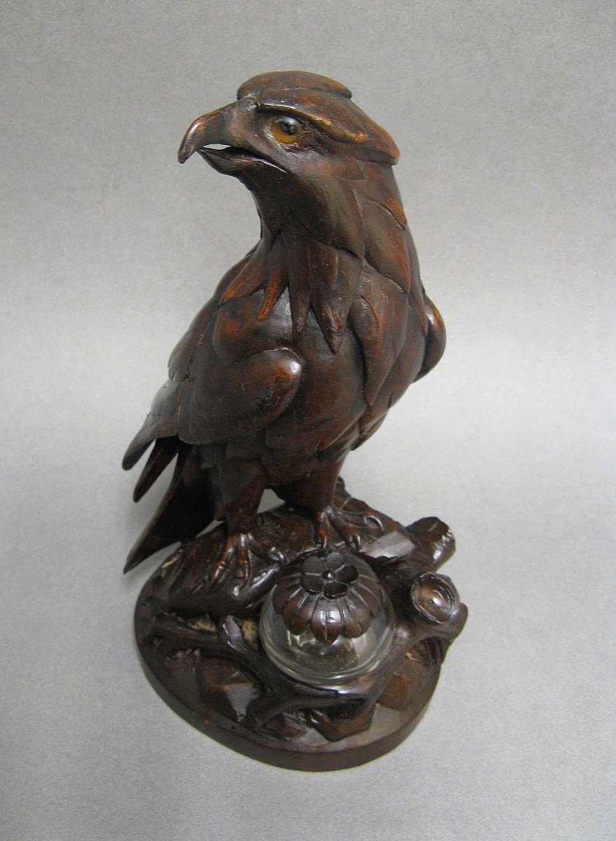 Black Forest Carved Wooden Eagle Desk Inkwell.-photo-3