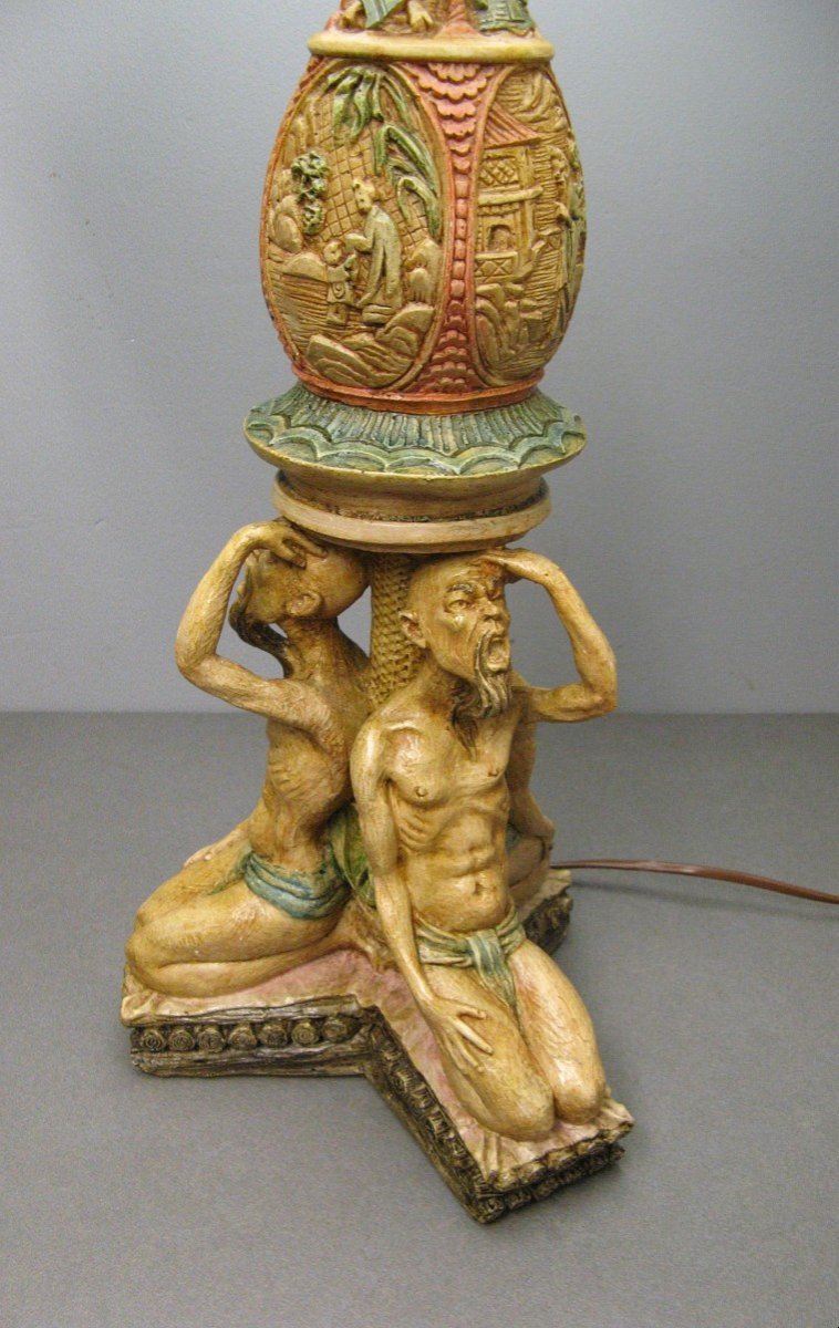 Reconstituted Stone Lamp, Decorations And Japanese Subjects.-photo-3