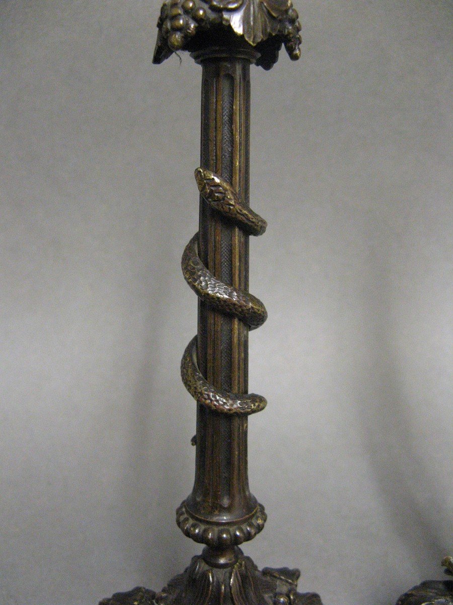 Pair Of Bronze Candlesticks Barbedienne Style Snake Decor Nineteenth.-photo-4