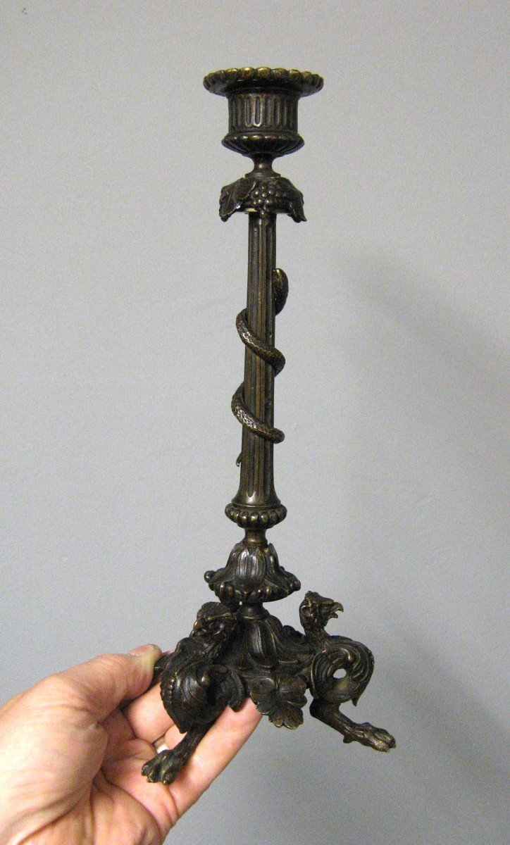 Pair Of Bronze Candlesticks Barbedienne Style Snake Decor Nineteenth.-photo-3