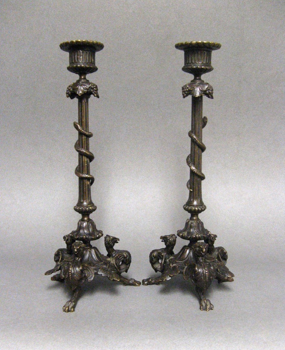 Pair Of Bronze Candlesticks Barbedienne Style Snake Decor Nineteenth.