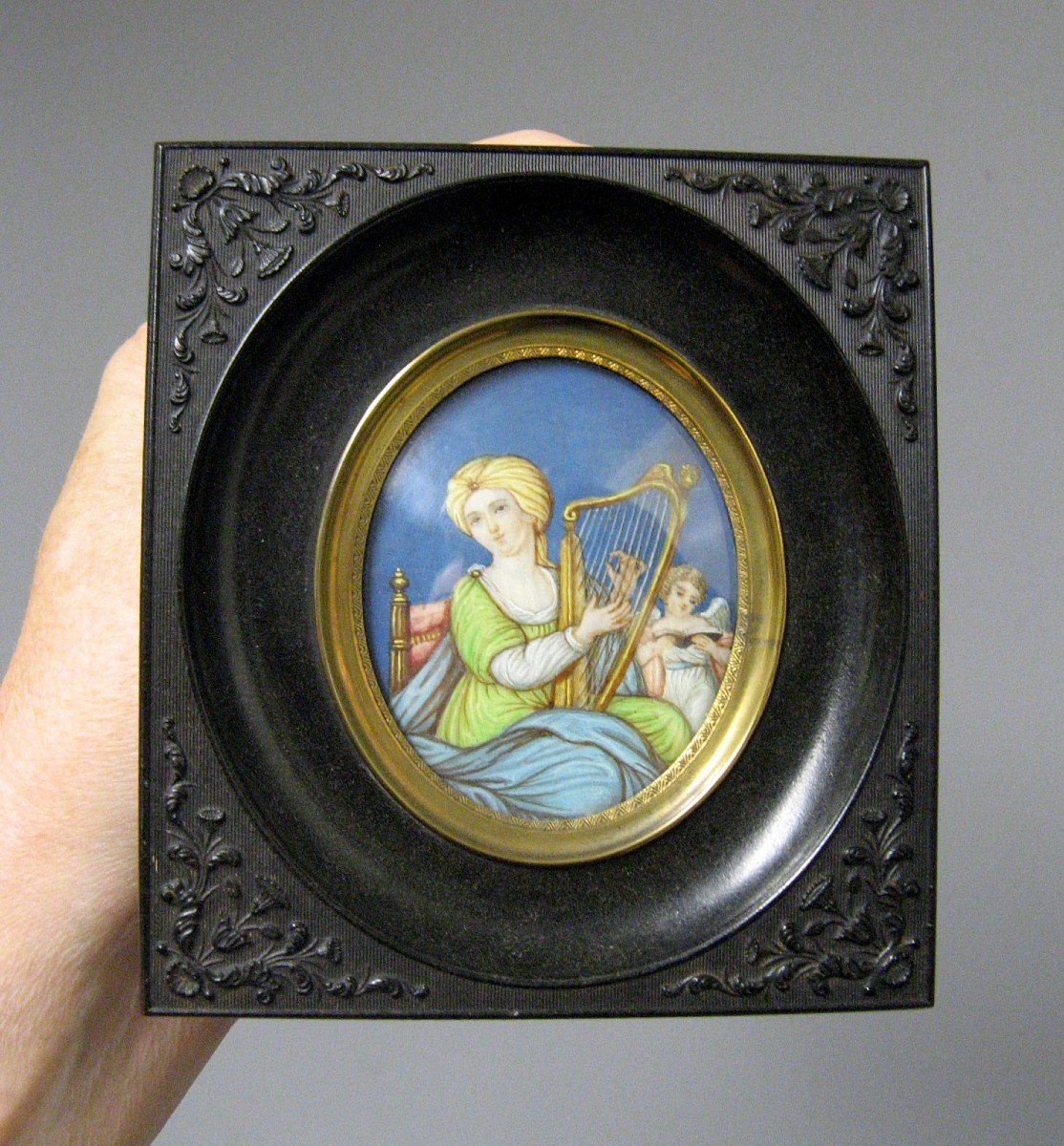 Miniature Painting, Allegory Of Music Angelot Ebonite Frame Nineteenth Napoleon III.-photo-3