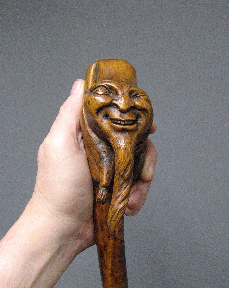 Monoxyl Cane In Carved Boxwood With Grotesque Gnome Head. 19th Century Popular Art.-photo-4