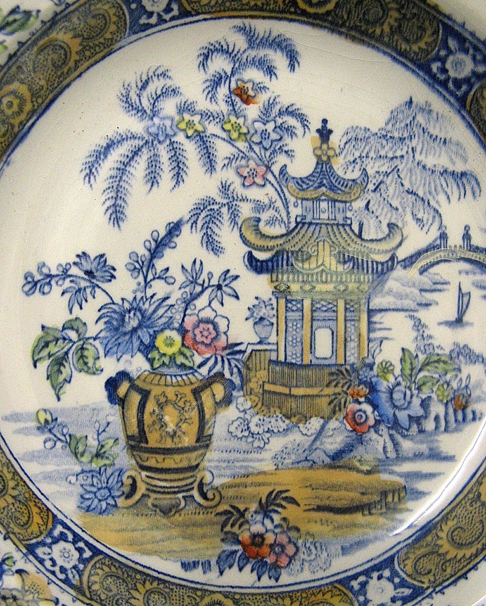 Grande Assiette Creuse Creil & Montereau Circa 1900 Décor Asiatique Pagode & Vase.-photo-2