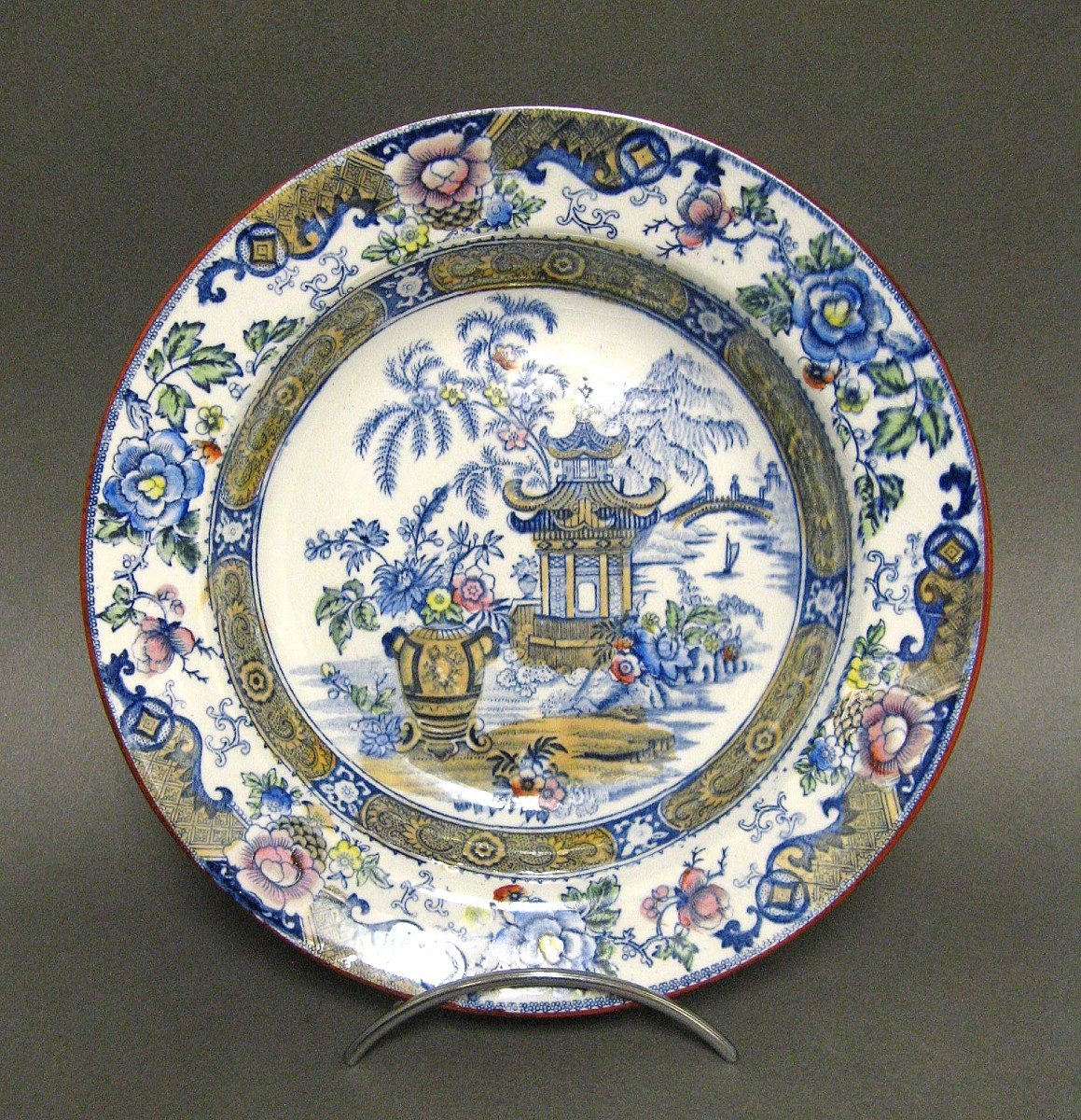 Grande Assiette Creuse Creil & Montereau Circa 1900 Décor Asiatique Pagode & Vase.