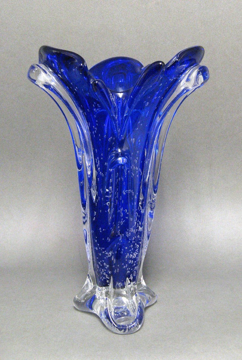 Large Murano Vase In Bubbled Cobalt Blue Blown Glass.