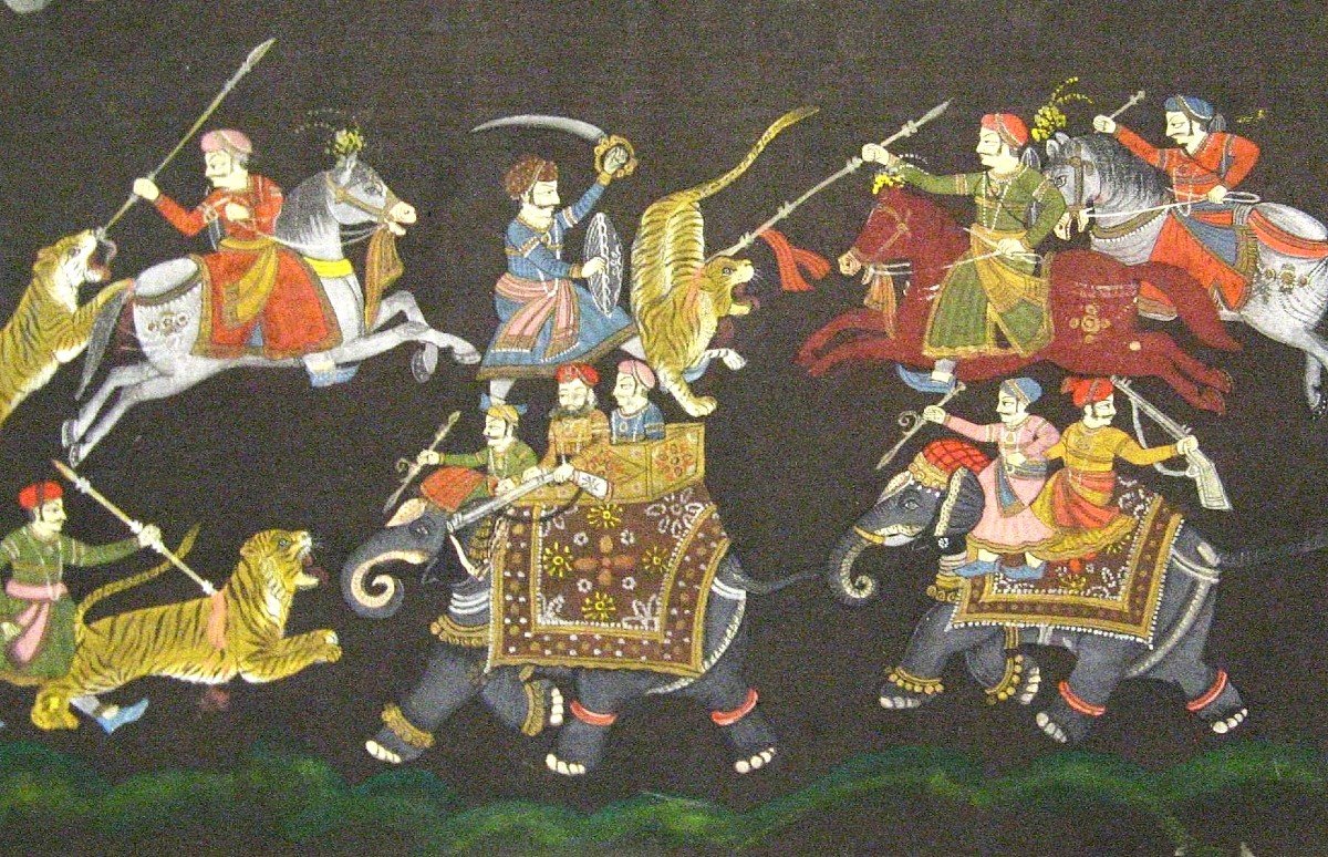 Tiger Hunting Silk Painting India