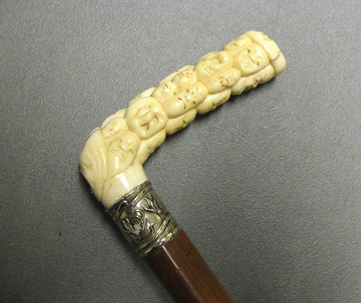 Cane With Carved Handle Decorated With Japanese Noh Theater Masks, 19th Century.-photo-3