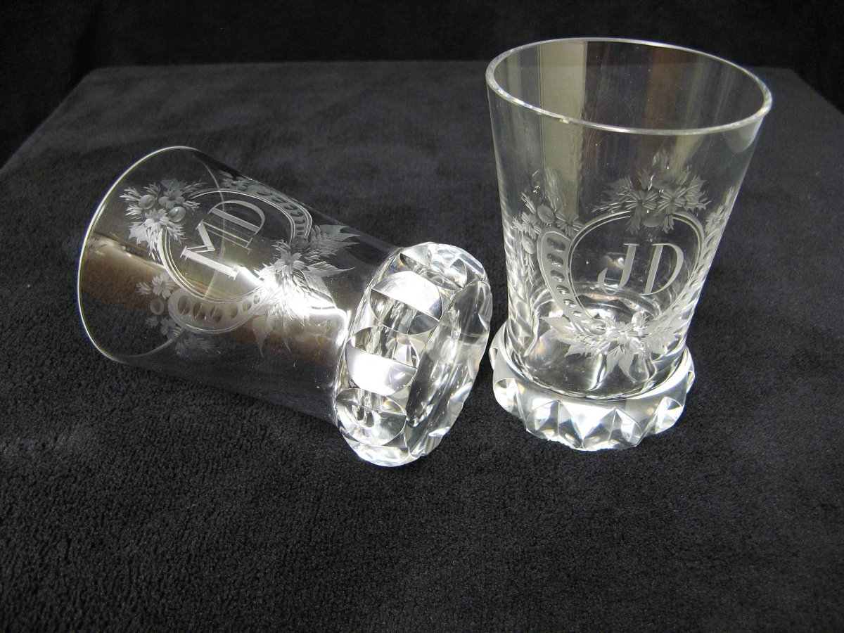 Verres De Mariage En Cristal Gravé XIXe.-photo-4