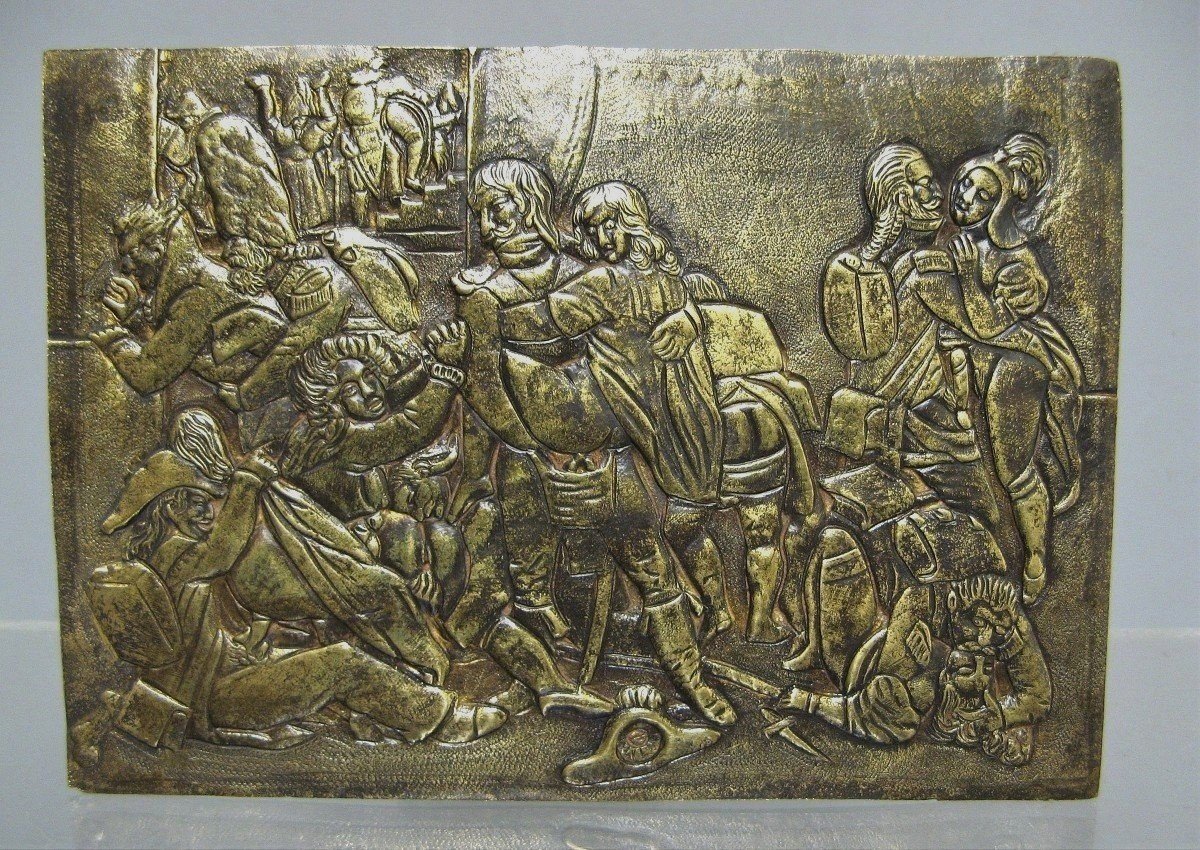 PLAQUE EN BRONZE REPRÉSENTANT UNE SCÈNE ÉROTIQUE, SOLDATS DE LA GRANDE ARMÉE, XIXème SIÈCLE.