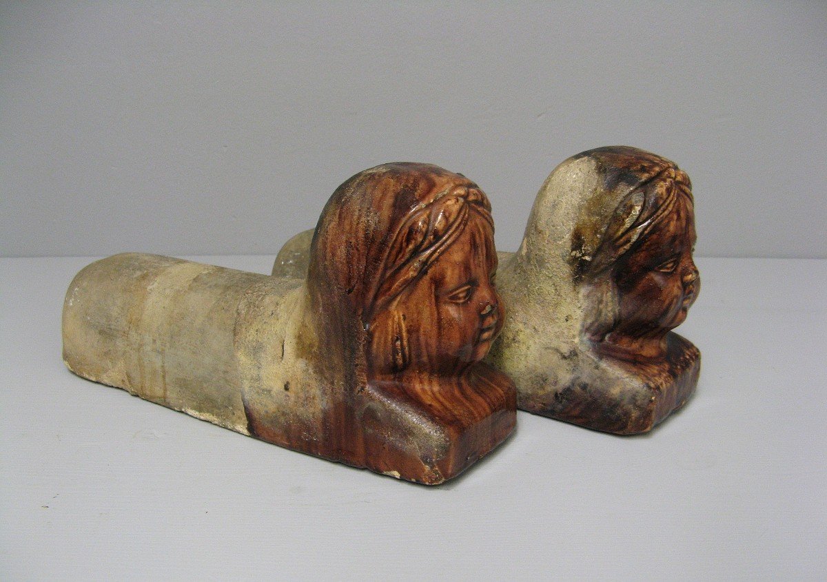 Rare Pair Of Andirons In Glazed Terracotta. Folk Art.-photo-2