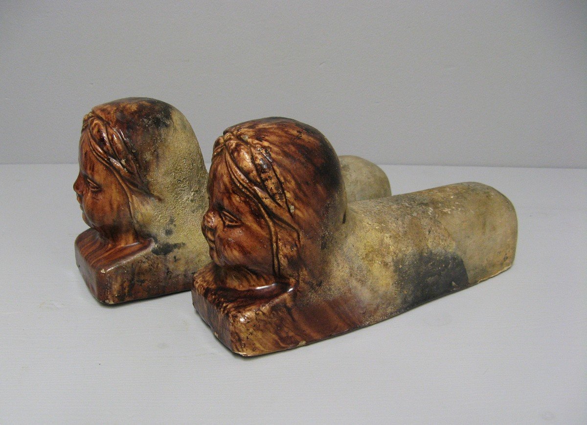 Rare Pair Of Andirons In Glazed Terracotta. Folk Art.-photo-4