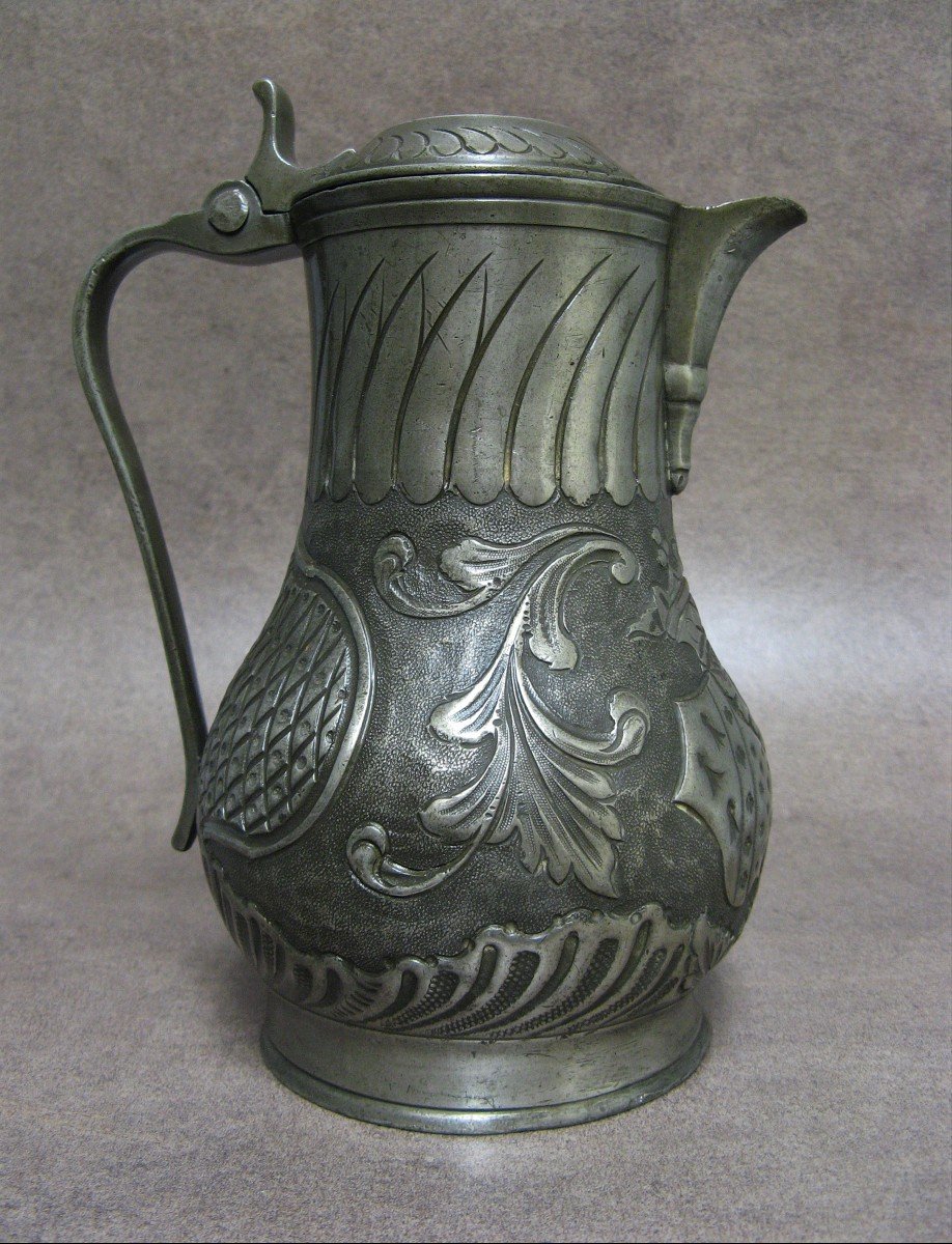 19th Century Lille Pewter Pitcher. Coat Of Arms Crown.-photo-3