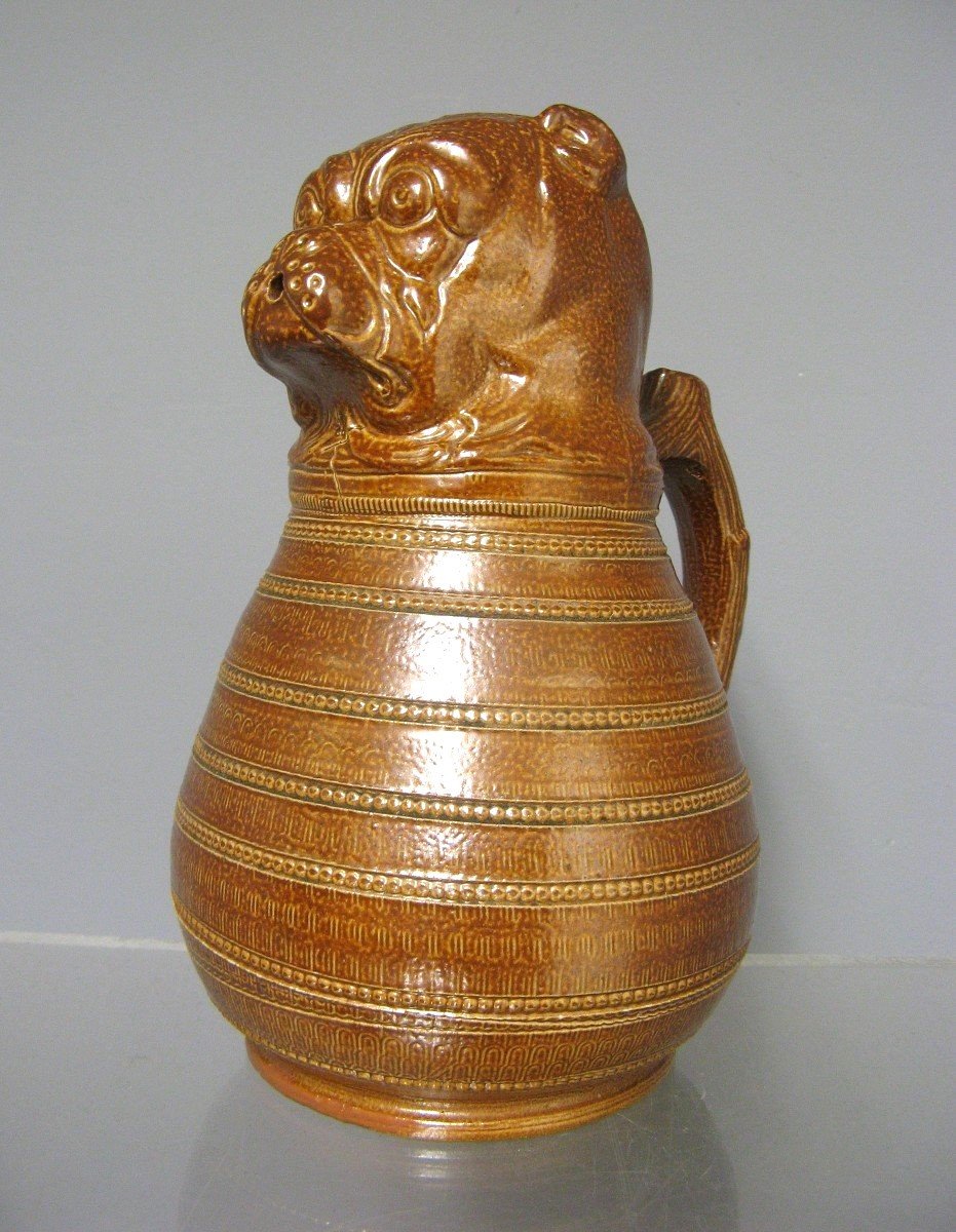 Glazed Stoneware Pitcher With Bulldog Dog Head For Absinthe.-photo-2