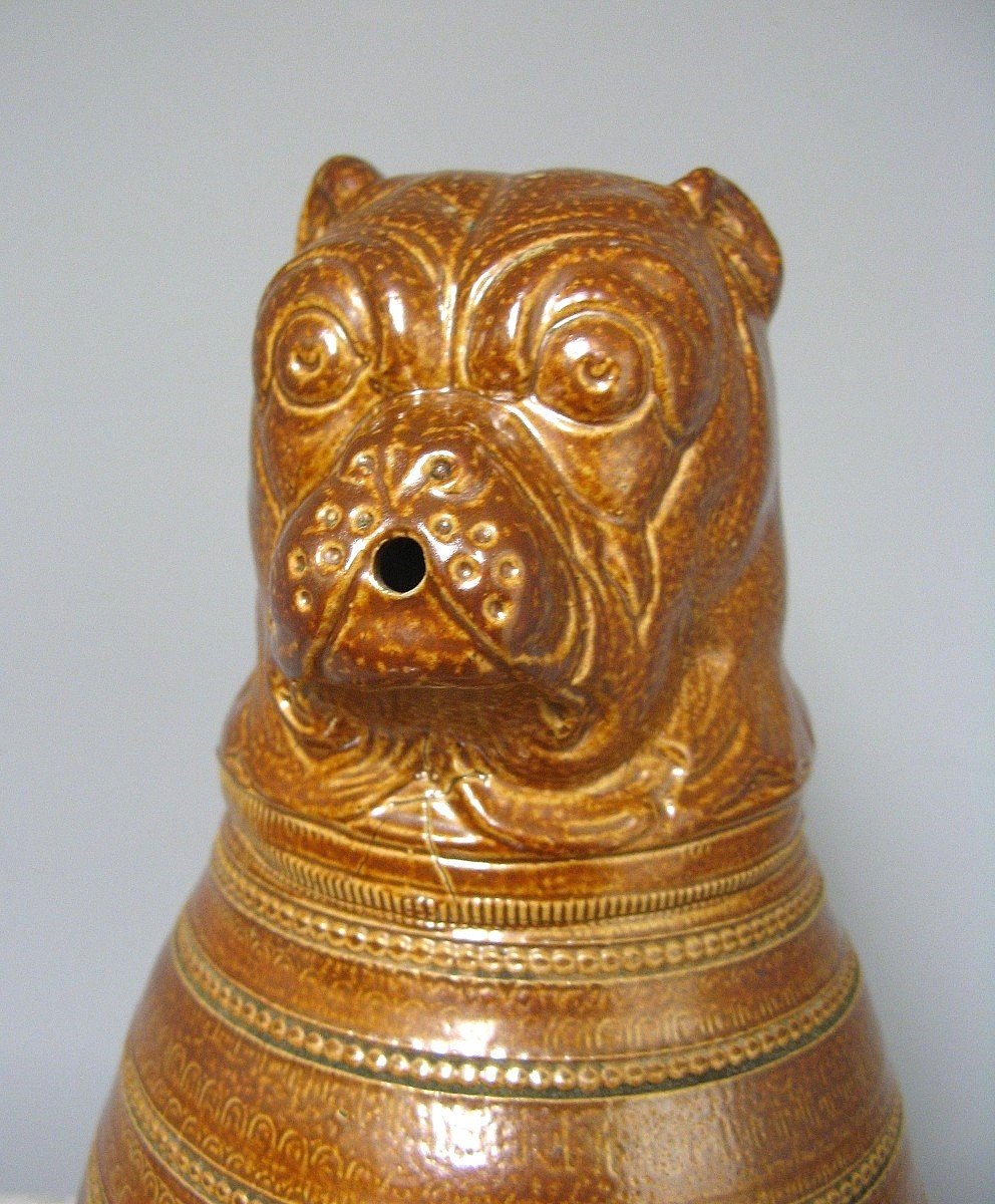 Glazed Stoneware Pitcher With Bulldog Dog Head For Absinthe.-photo-3