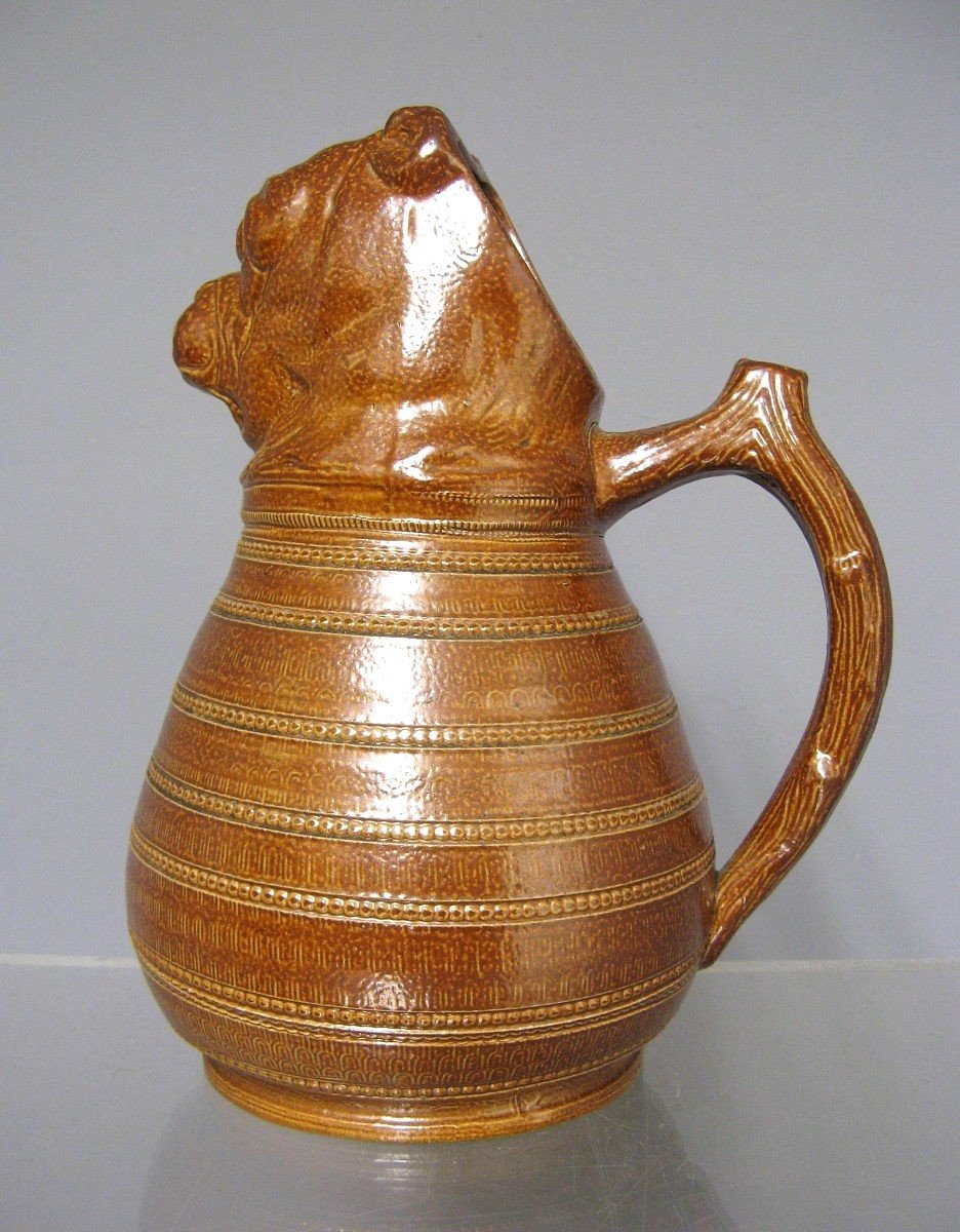 Glazed Stoneware Pitcher With Bulldog Dog Head For Absinthe.-photo-4