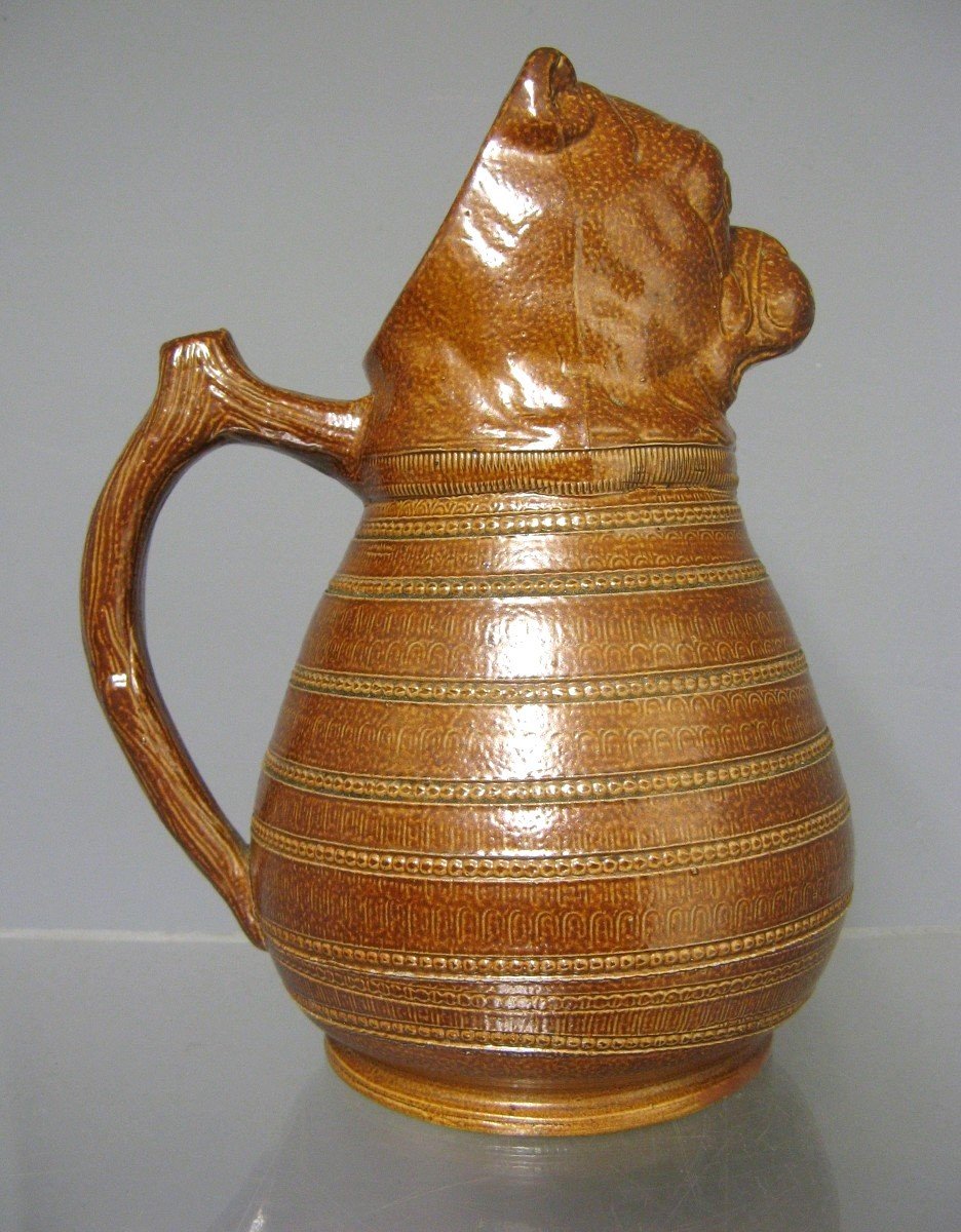 Glazed Stoneware Pitcher With Bulldog Dog Head For Absinthe.-photo-2