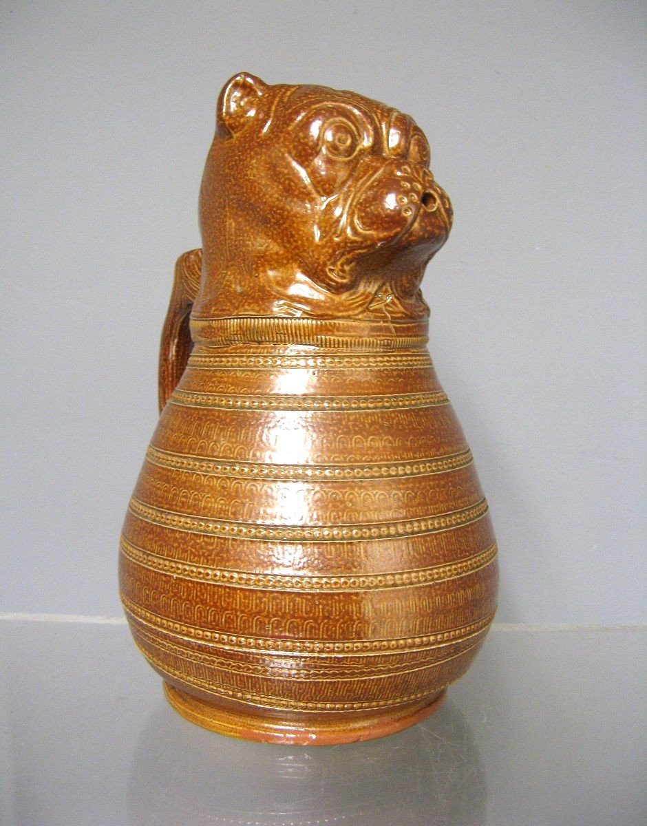 Glazed Stoneware Pitcher With Bulldog Dog Head For Absinthe.