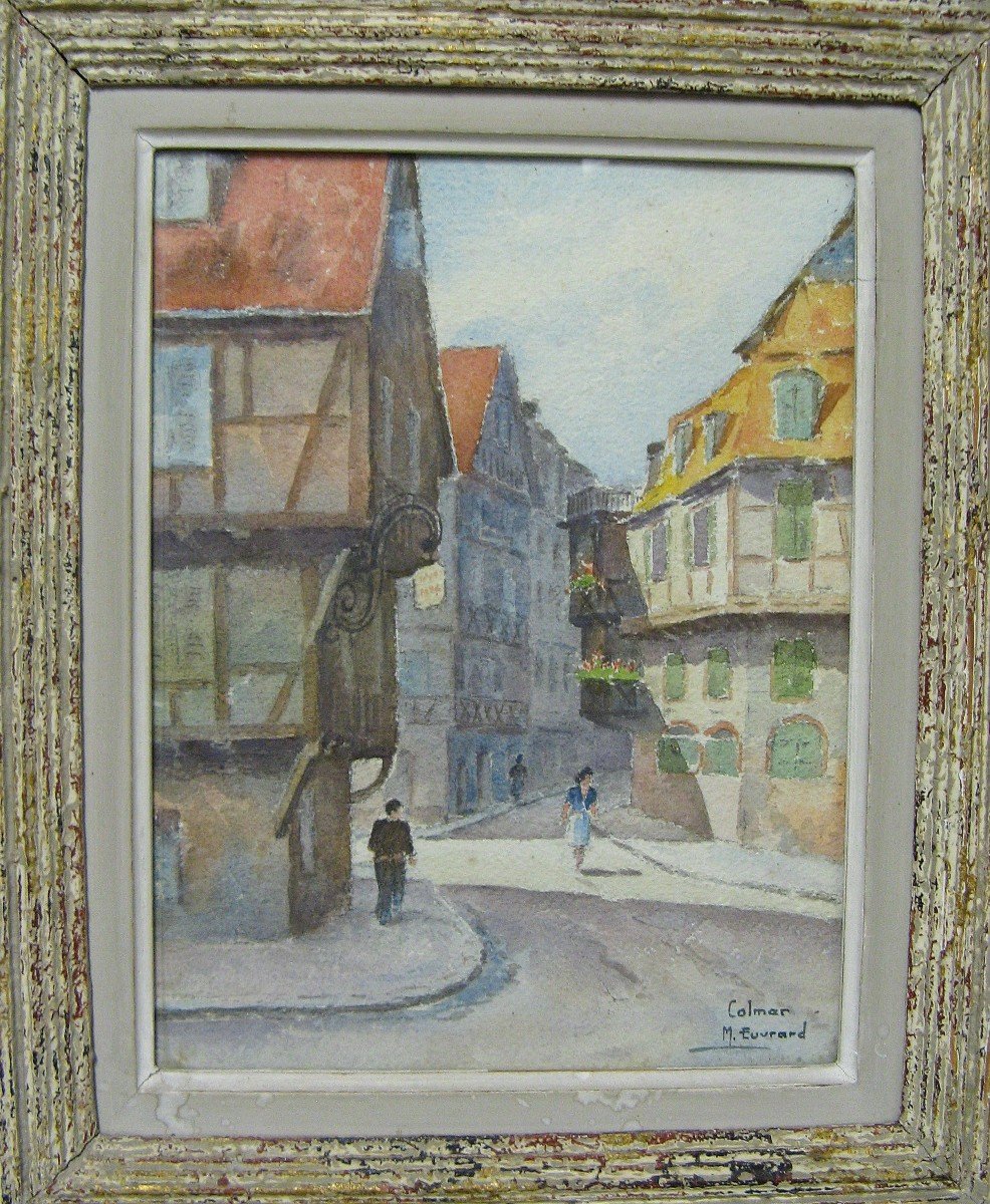 Original Watercolor Marcel Euvrard Around 1950 Colmar.-photo-2