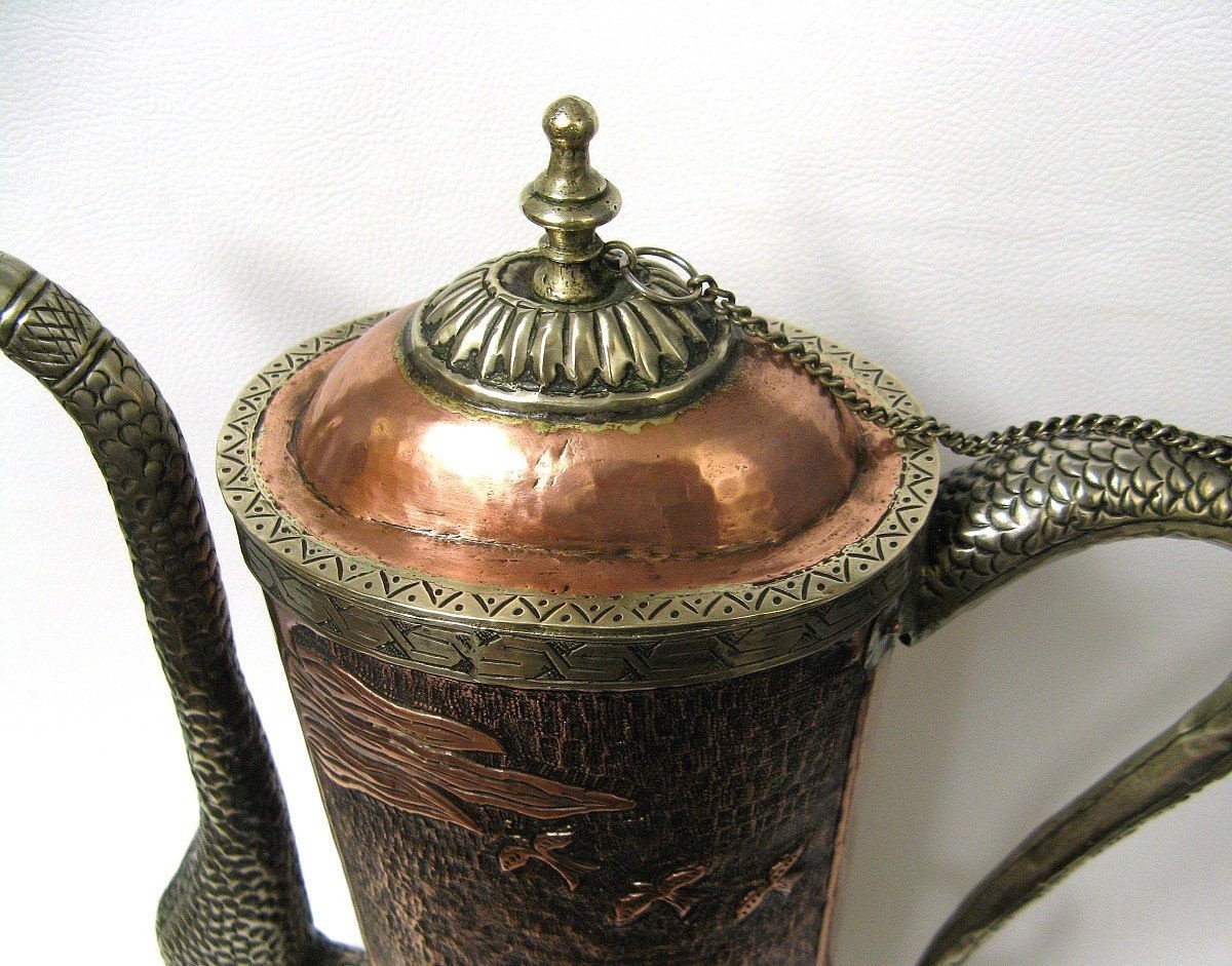 Copper And Silver Teapot Jug With Chiselled Decor. China Early Twentieth.-photo-2