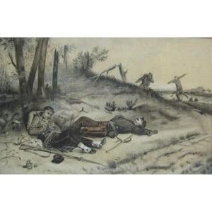 Dessin Au Fusain " Le Sifflet d'Alarme " Par Ducros. Guerre de 1870.