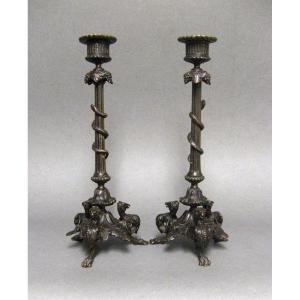 Pair Of Bronze Candlesticks Barbedienne Style Snake Decor Nineteenth.